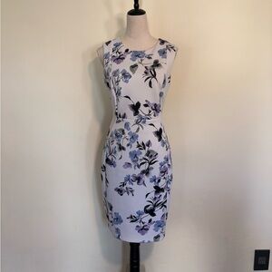 EUC White Calvin Klein Midi Dress with Blue and Purple Flowers Size 12